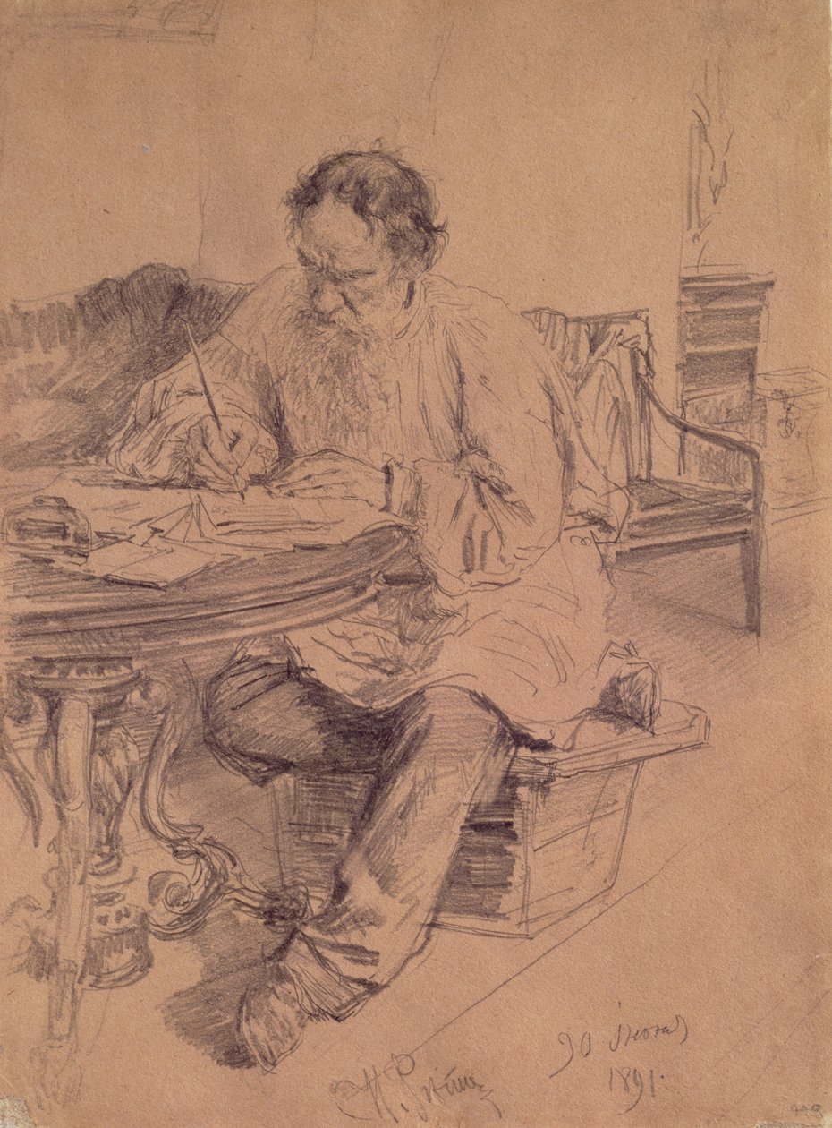 Lev Nikolajevič Tolstoj (1828-1910) v práci, 1891 od Ilya Efimovich Repin