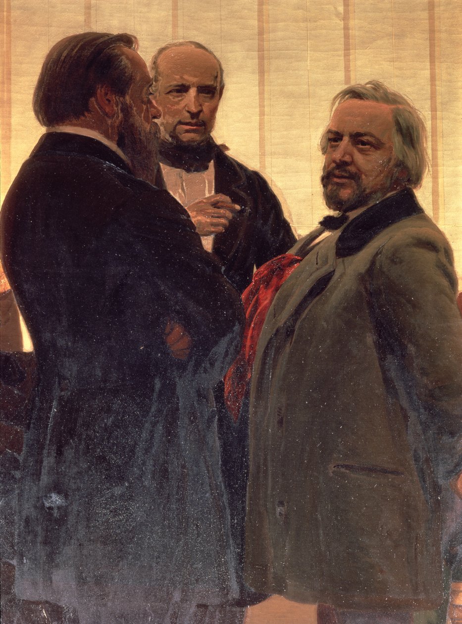 Vladimir Odojevskij (1803-1969), Mily Balakirev (1837-1910) a Michail Ivanovič Glinka (1804-57), 90. léta 19. století (detail) od Ilya Efimovich Repin