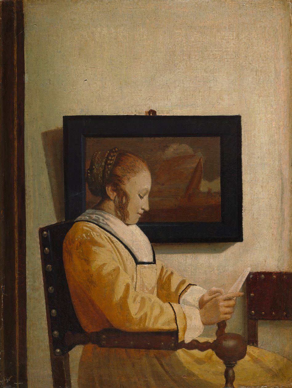 Mladá žena čtení. od Imitator of Johannes Vermeer