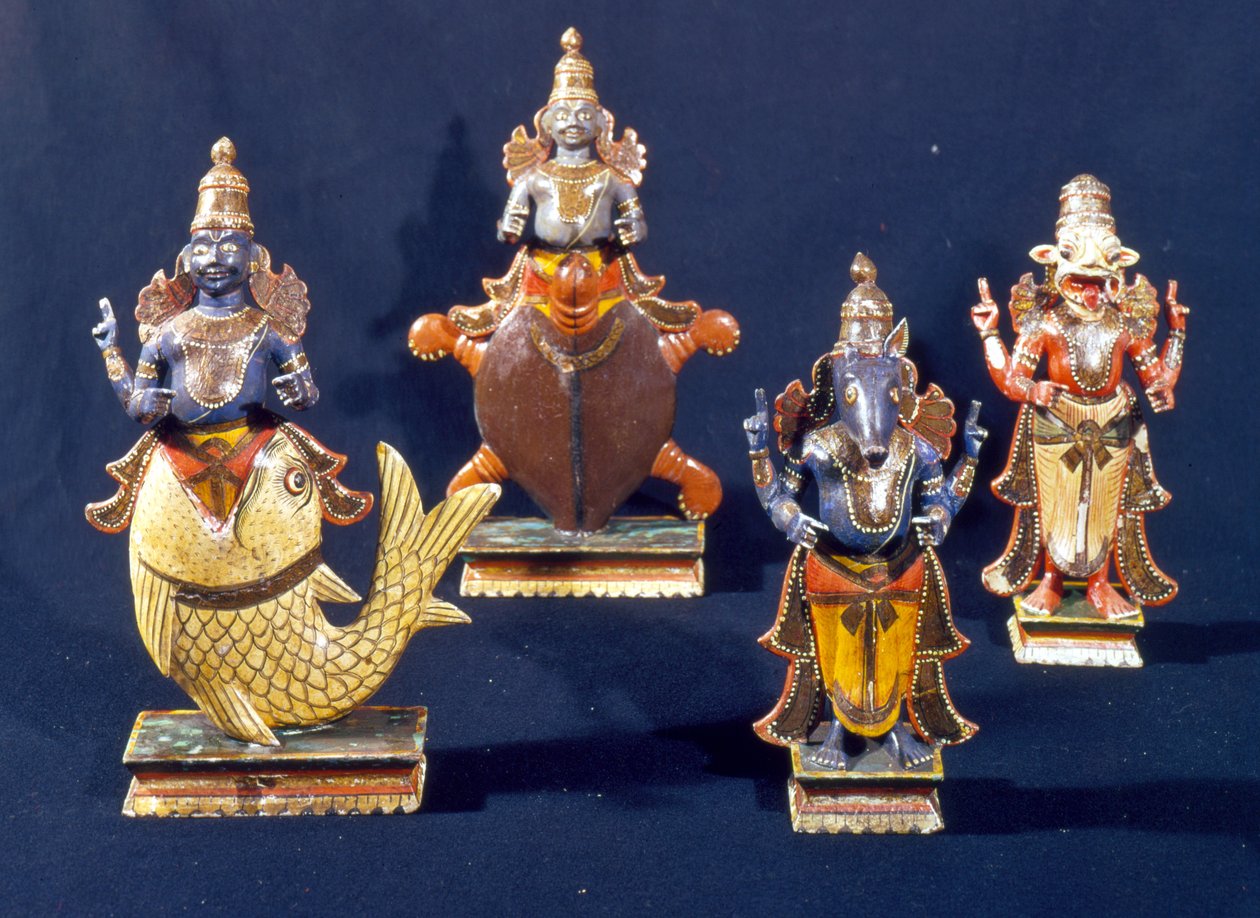 Čtyři z inkarnací Višnua (malované dřevo) od Indian School