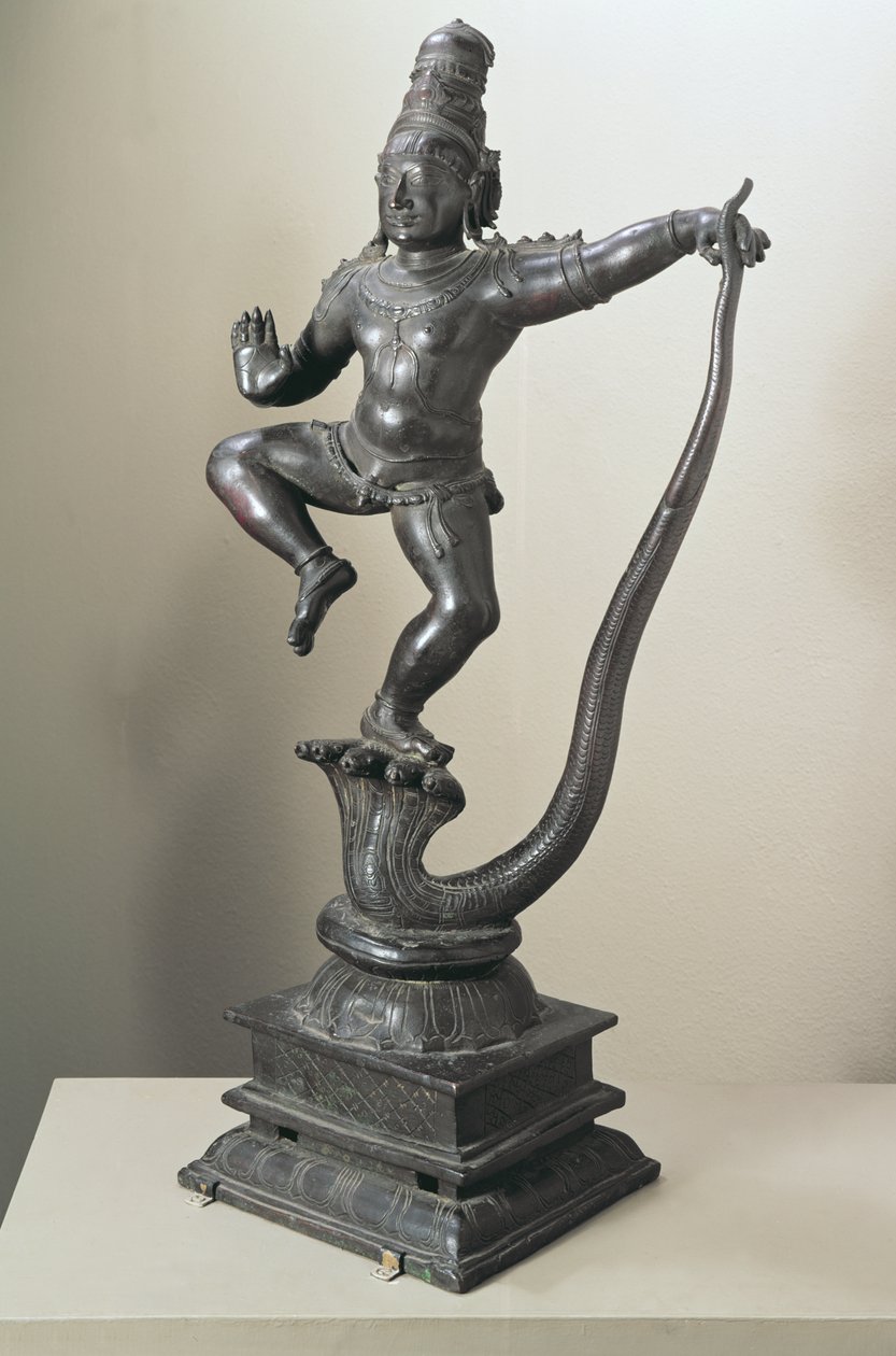 Krišna jako chlapec pokořující hada Kalilya, Madras, 16.-17. století (bronz) od Indian School