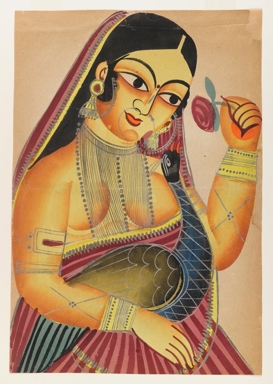 Bohyně Lakshmi s růží a pávem, konec 19.-začátek 20. století (wc na papíře s akcenty z leštěného cínu) od Indian School