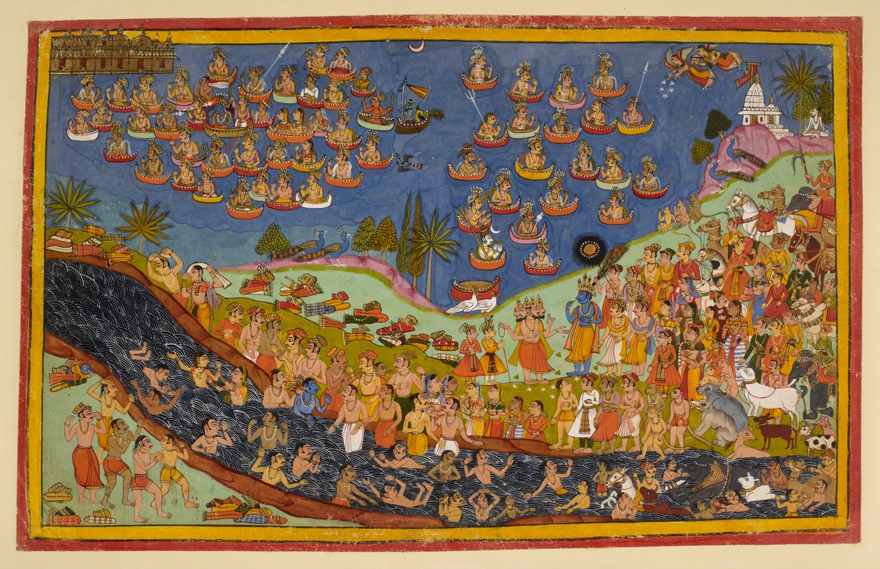 Ráma vstupuje do nebe, z ‚Ramayana, Uttara Kanda‘ od Indian School