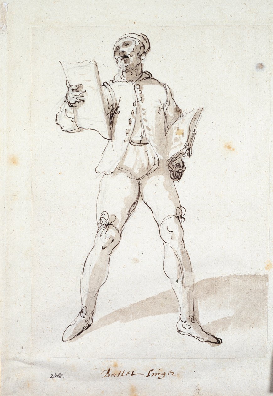 Baladický zpěvák (pero a inkoust na papíře) od Inigo Jones