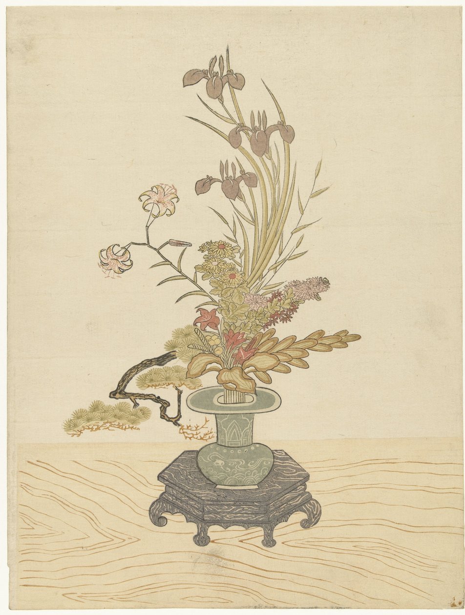 Ikebana květinové aranžmá v zelené váze od Ippitsusai Bunchô (manner of)