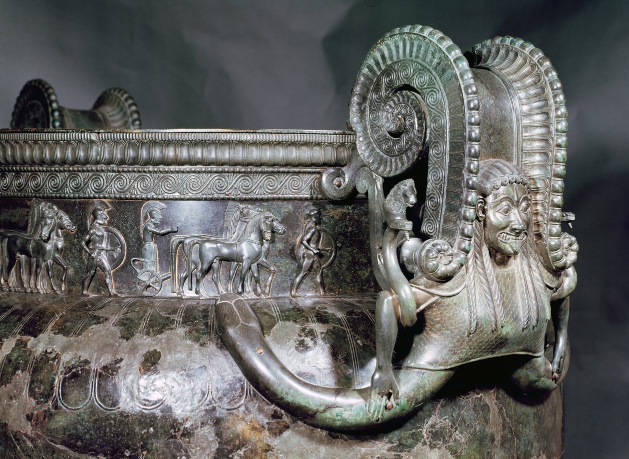Detail rukojeti gorgony z krateru, z Hrobky princezny z Vix bronz od Iron Age