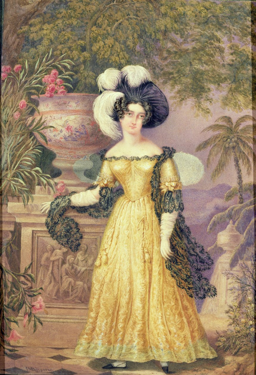 Lady Roweová, stojící v plné délce na terase, za níž se rozprostírá měsíční krajina Jamajky. od Isaac Mendes Belisario