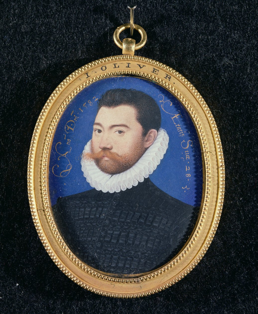 Portrét neznámého muže, 28 let, 1582 (wc na pergamenu) od Isaac Oliver