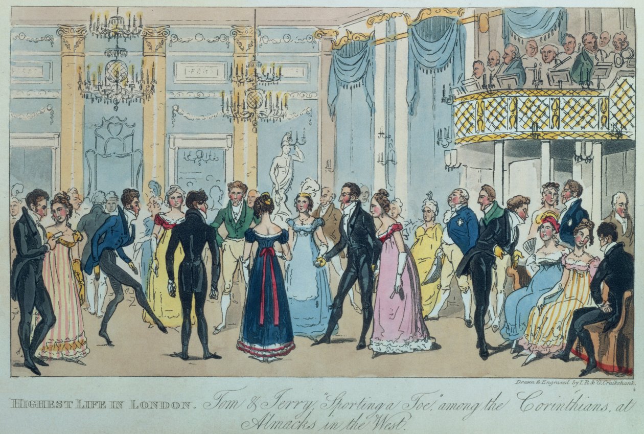 Nejvyšší život v Londýně: Tom a Jerry „Sporting a Toe“ mezi Korinťany v Almacks na Západě, z „Life in London“ od Pierce Egana, 1821 (barevná akvatinta) od Isaac, Robert and George Cruikshank