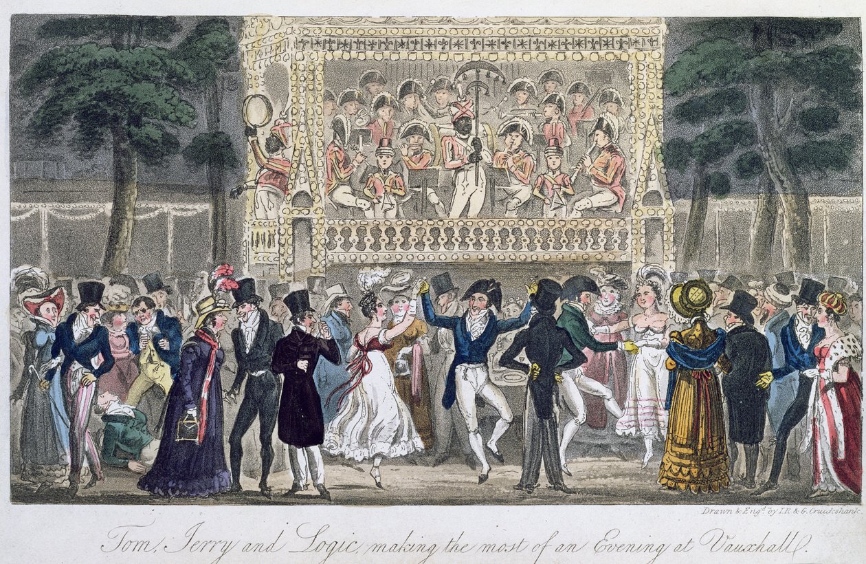 Tom, Jerry a Logic, jak maximálně využít večer ve Vauxhallu, z filmu „Life in London“ od Pierce Egana, 1821 (barevná akvatinta) od Isaac, Robert and George Cruikshank