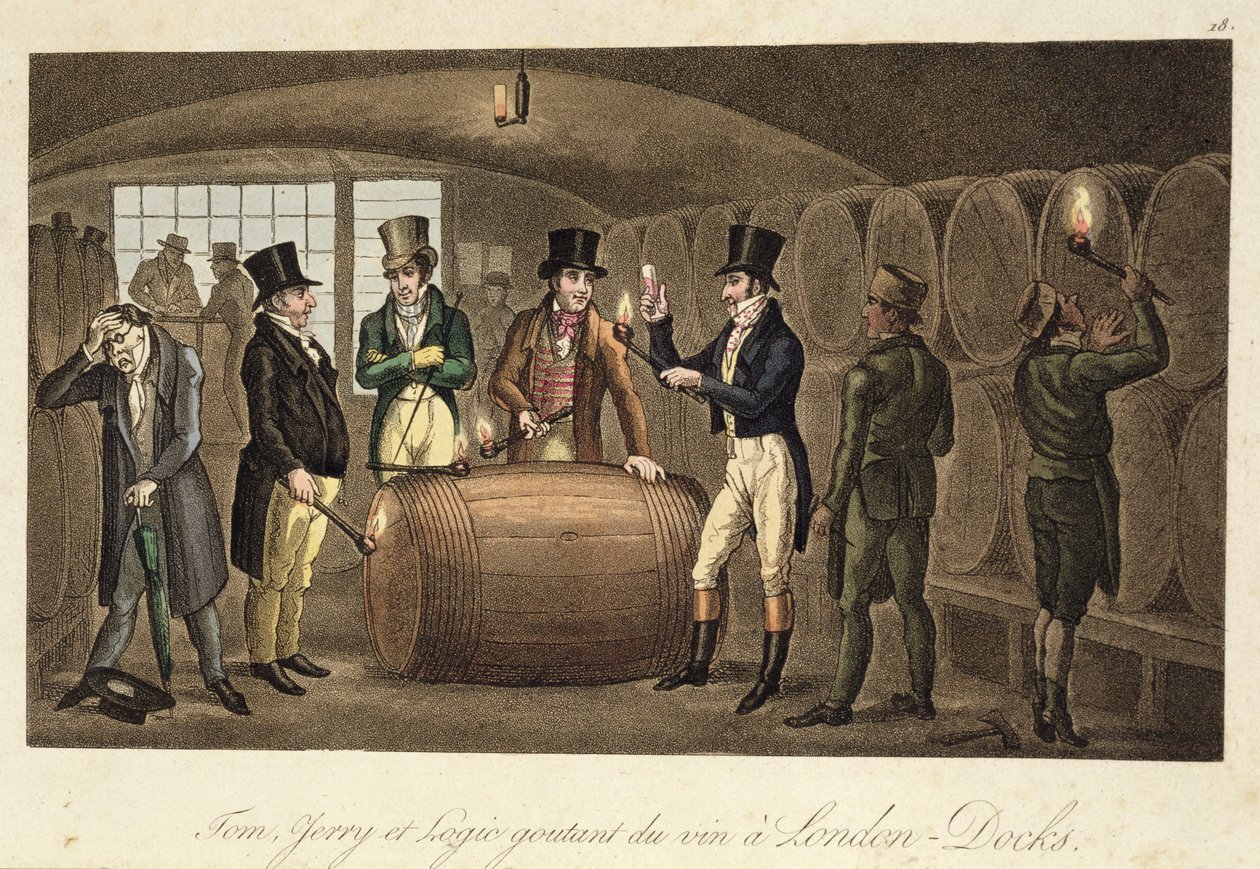Tom, Jerry and Logic degustační víno v londýnských docích, z „Life in London“ od Pierce Egana, 1821-22 (barevná akvatinta) od Isaac, Robert and George Cruikshank