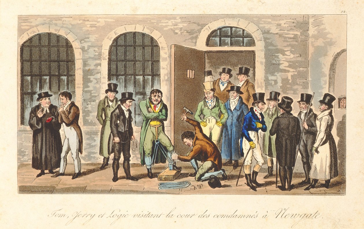 Tom, Jerry a Logic na návštěvě odsouzených vězňů ve věznici Newgate, z filmu „Life in London“ od Pierce Egana, 1821-22 (barevná akvatinta) od Isaac, Robert and George Cruikshank