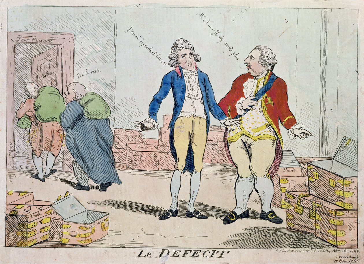 Le Deficit, 1788 (barevný lept) od Isaac Robert Cruikshank