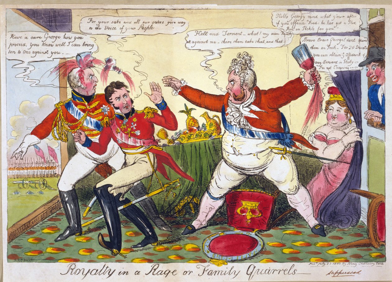 Honorář ve vzteku nebo rodinných hádkách, hospoda. Londýn, 23. července 1820 (ručně kolorovaná rytina) od Isaac Robert Cruikshank