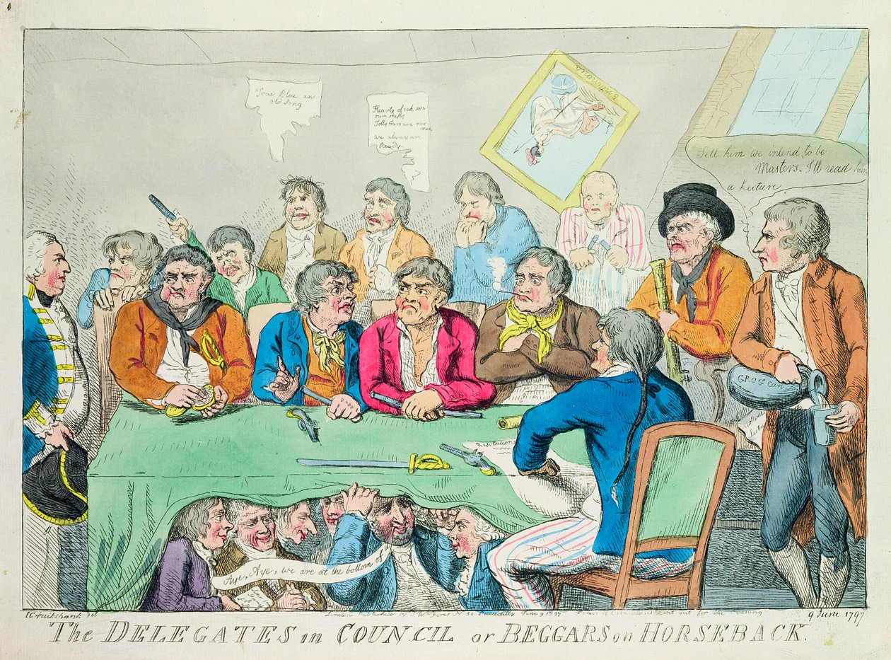 Delegáti v radě nebo žebráci na koních, 1797 (barevný lept) od Isaac Robert Cruikshank