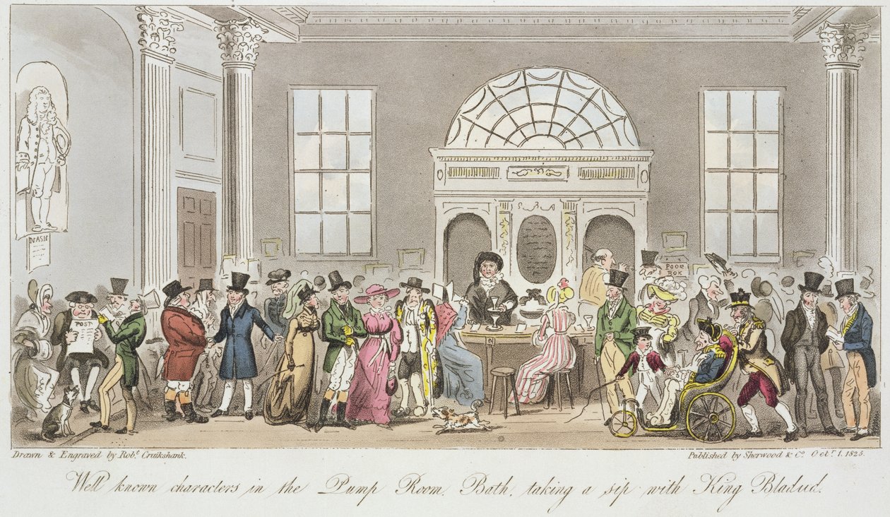Známé postavy v Pump Room, Bath, Popíjení s králem Bladudem, tisk vydal Sherwood und Co, 1825 od Isaac Robert Cruikshank