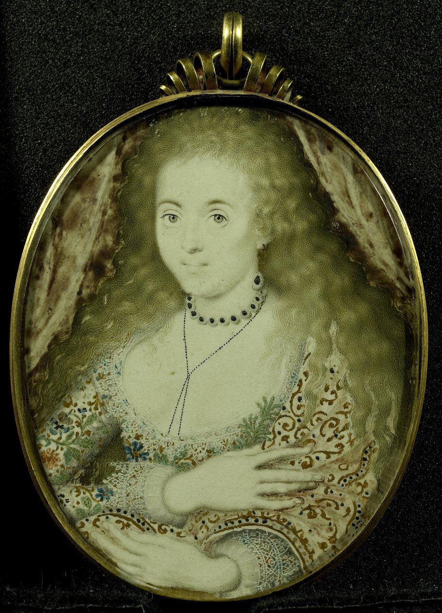 Arabella Stuart, kolem 1590-1615 (pergamen, zlato a sklo) od Isaac Oliver