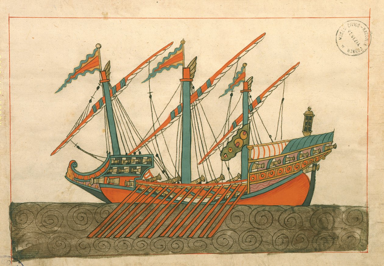 Paní cicogna 1671, miniatura z „Memory Turchese“ zobrazující tureckou galéru s jediným světlem od Islamic School