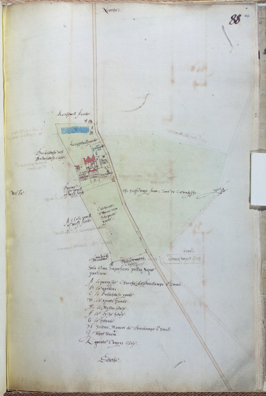Ms 255171 fol.88 Mapa vesnice Belchamp St. Paul, 1576 pero & inkoust a wc na papíře od Israel Amyce