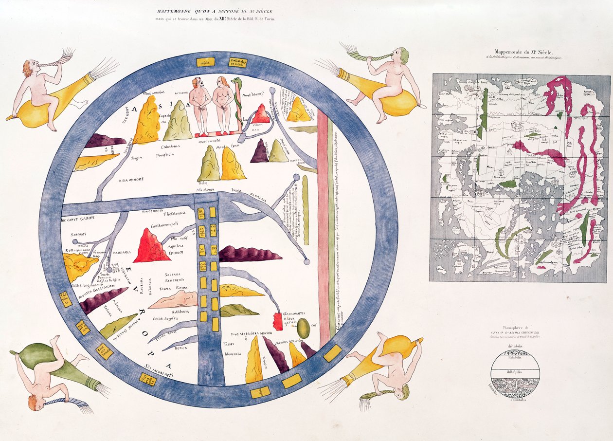 Beatus z Turína mappamundi (ručně kolorovaná rytina) od Italian School