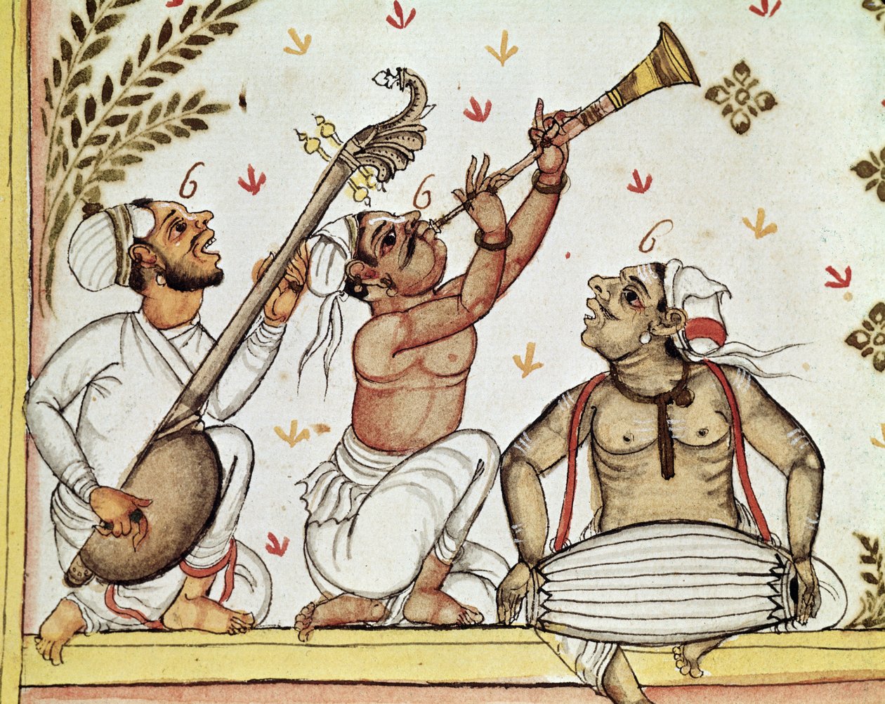 MS 8300, detail indických hudebníků, ze Storia do Mogor; nebo, Mogul India 1653-1708 Niccolao Manucci, přeložil Stefano Nivibus Cardeira, Benátky, 1731 od Italian School