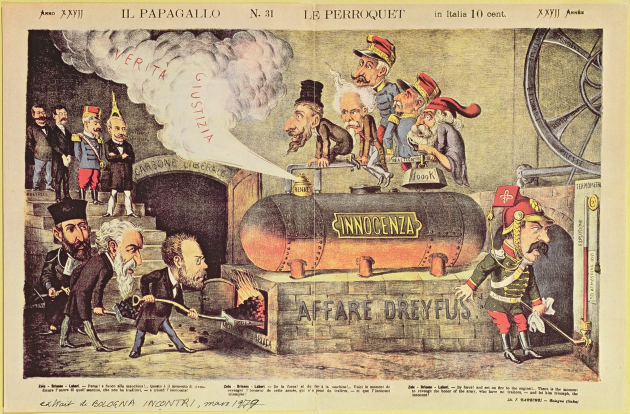Dreyfusova aféra, 22. prosince 1894, italská satirická karikatura z „Le Perroquet“ (Il Pappagallo), č. 31, srpen 1899 od Italian School