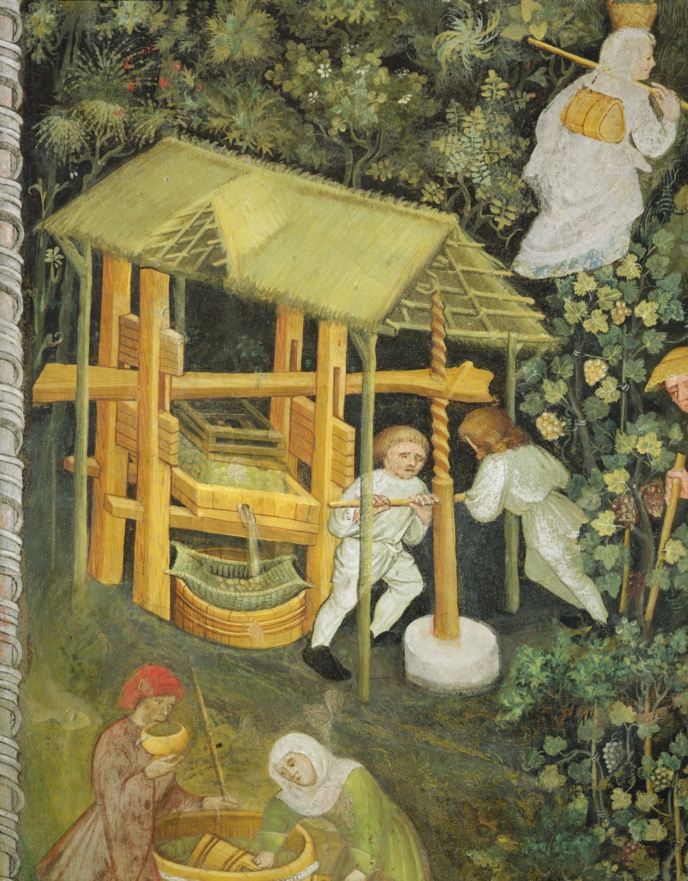 Drcení hroznů. Vinný lis (freska) od Italian School