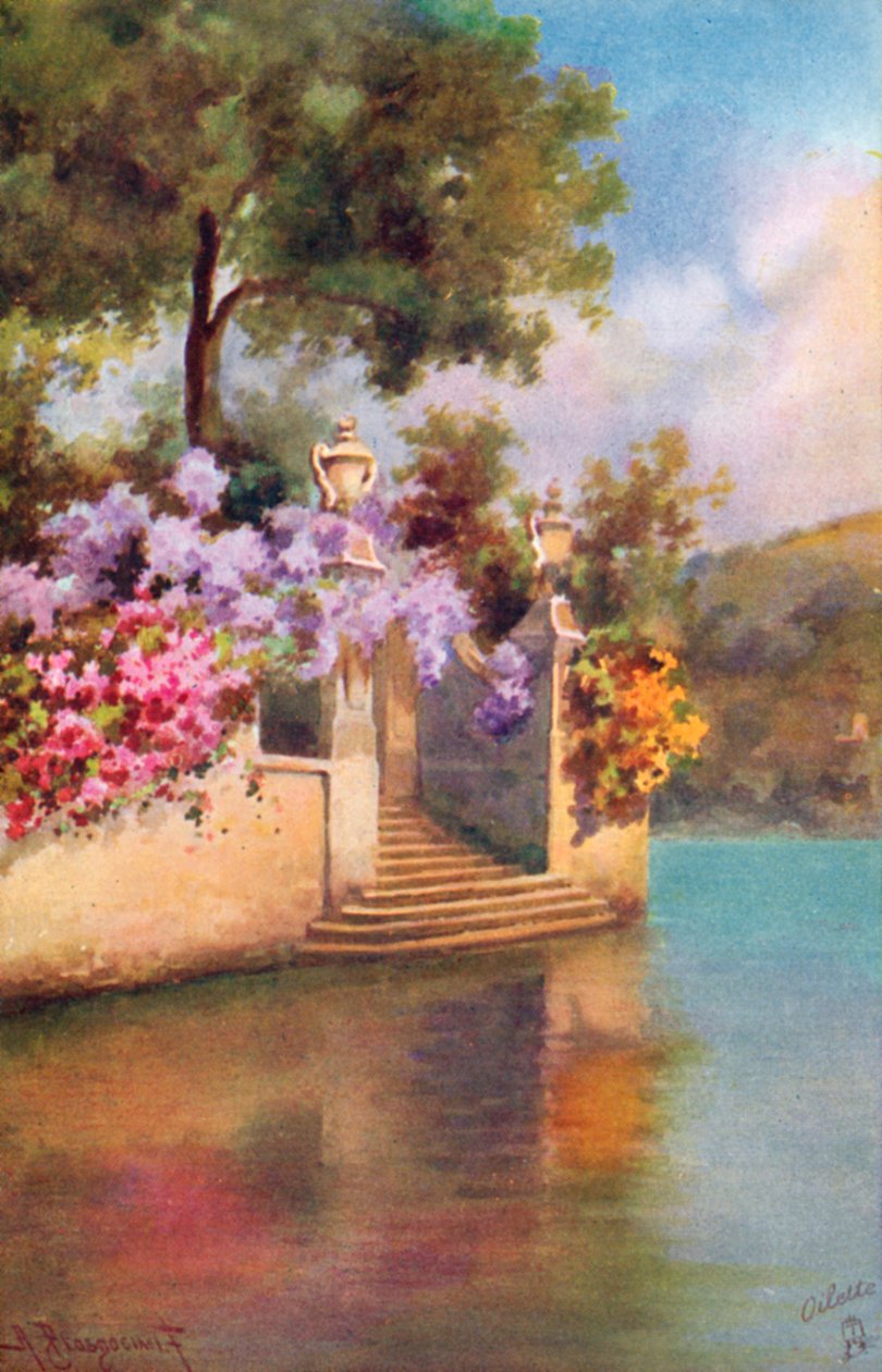 Zahrady u jezera Como, Itálie (barevná litografie) od Italian School