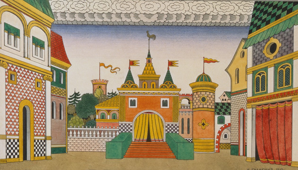 Náčrt pro operu, Zlatý kohoutek, Nikolai Rimsky-Korsakov (1844-1908), 1909 (wc a kvaš na papíře) od Ivan Yakovlevich Bilibin