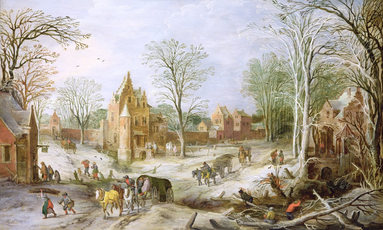 Zalesněná zimní krajina s vozíkem (panel) od J. and Momper, J. de Brueghel