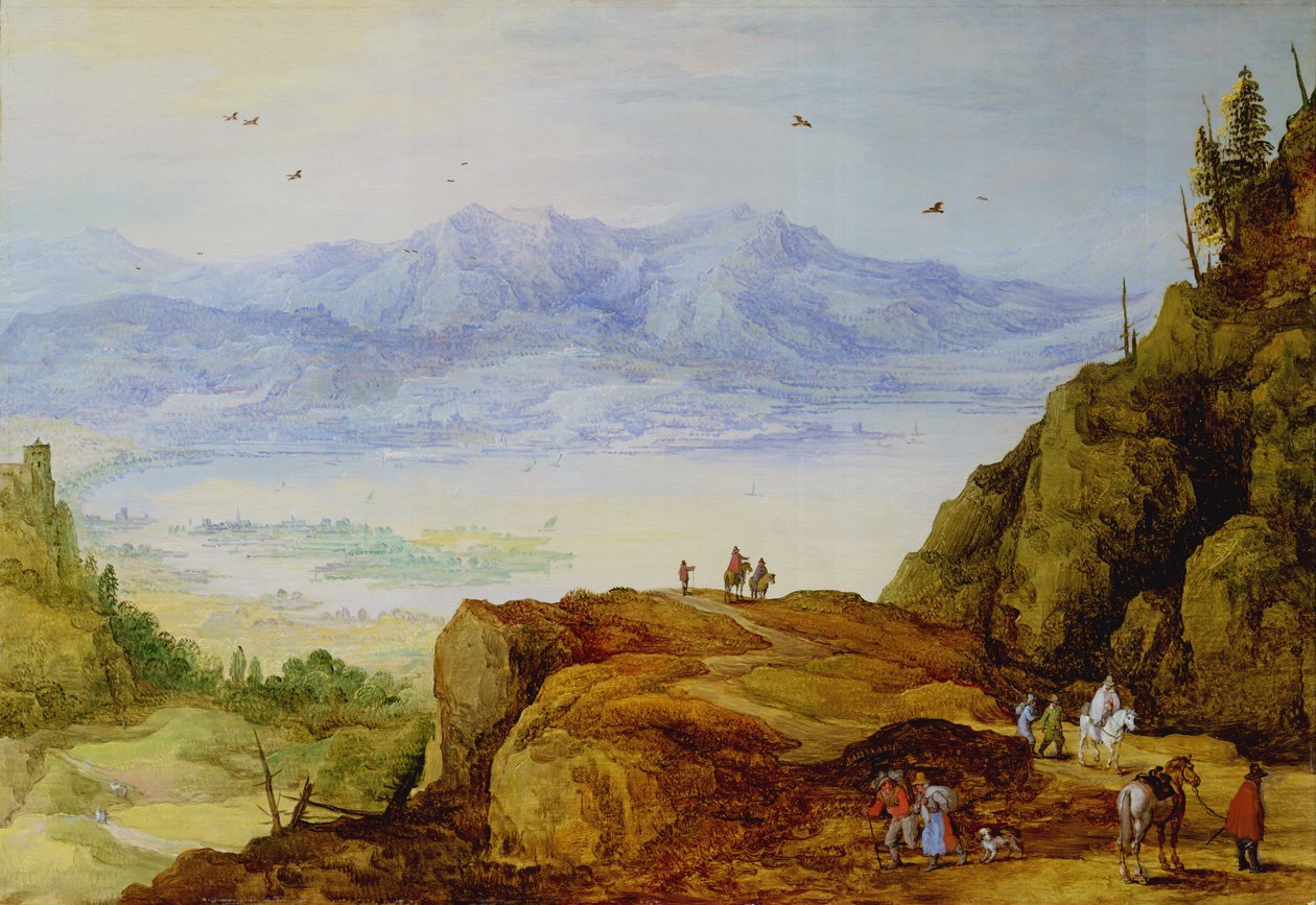 Rozsáhlá horská krajina s jezerem od J. and Momper, J. de Brueghel