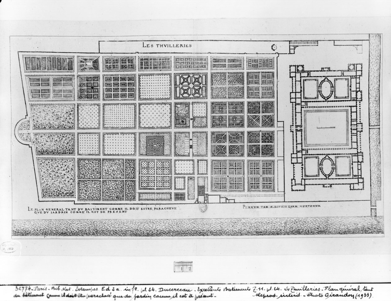 Plán paláce a zahrady Tuileries, Paříž, z „Les Plus Excellents Batiments de France“ od Du Cerceau od J. Androuet Ducerceau