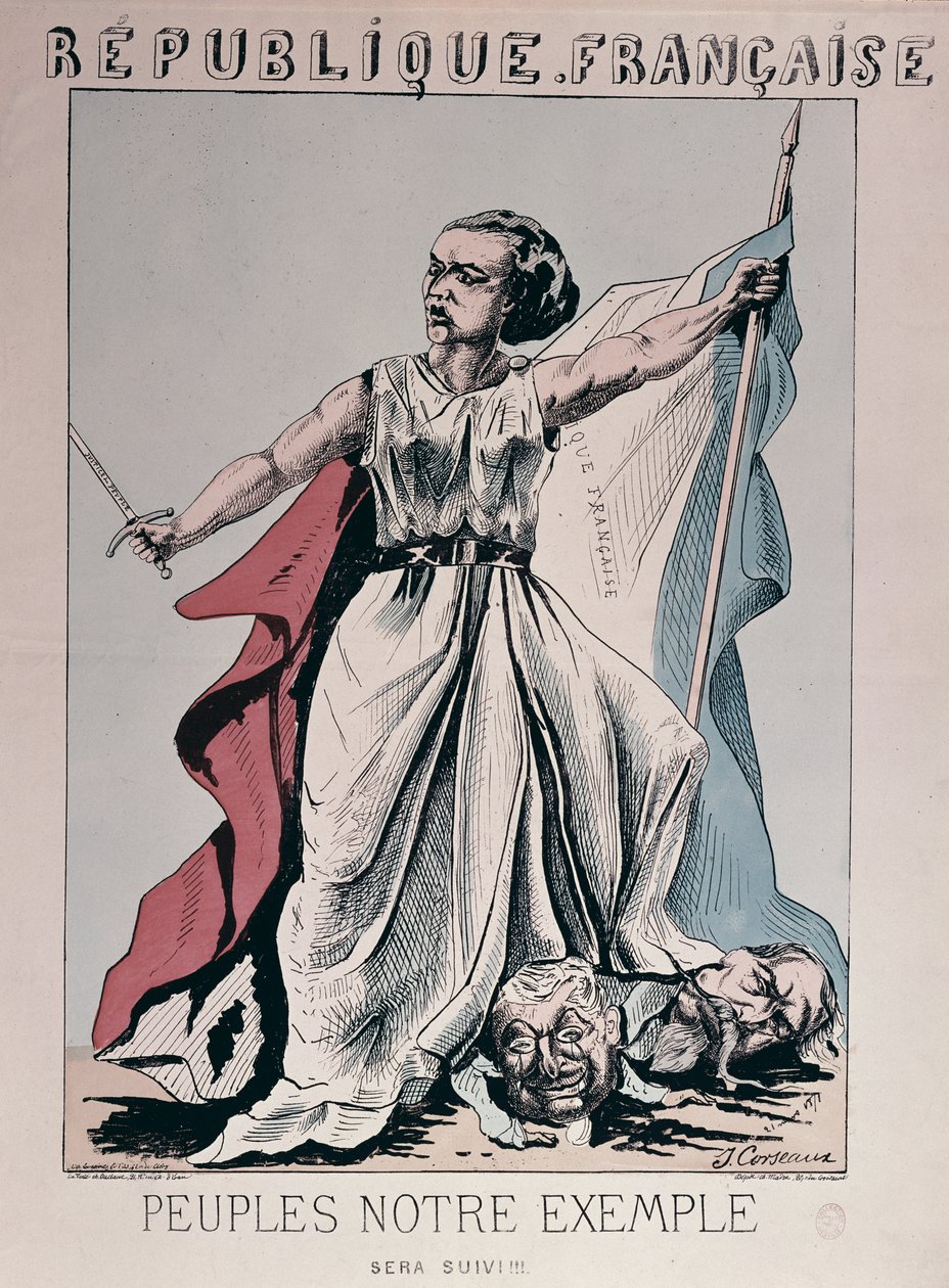 Personifikace Francouzské republiky jako Louise Michel (1830-1905) šlapající po hlavách Louise Adolphe Thierse (1797-1877) a Napoleona III. (1808-73) (barevná rytina) od J. Corseaux