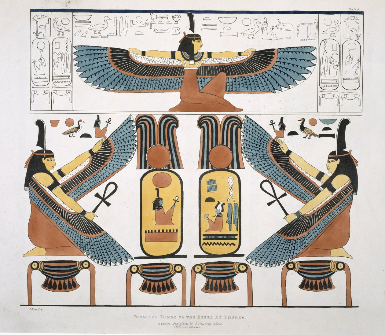 Nástěnná malba z hrobek králů v Thébách, objevená G. Belzonim, deska 3 z „Plates Illustrative of the Researches in Egypt and Nubia“, rytina Charlese Hullamandela (1789-1850) 1820-22 (lit od J. Ricci