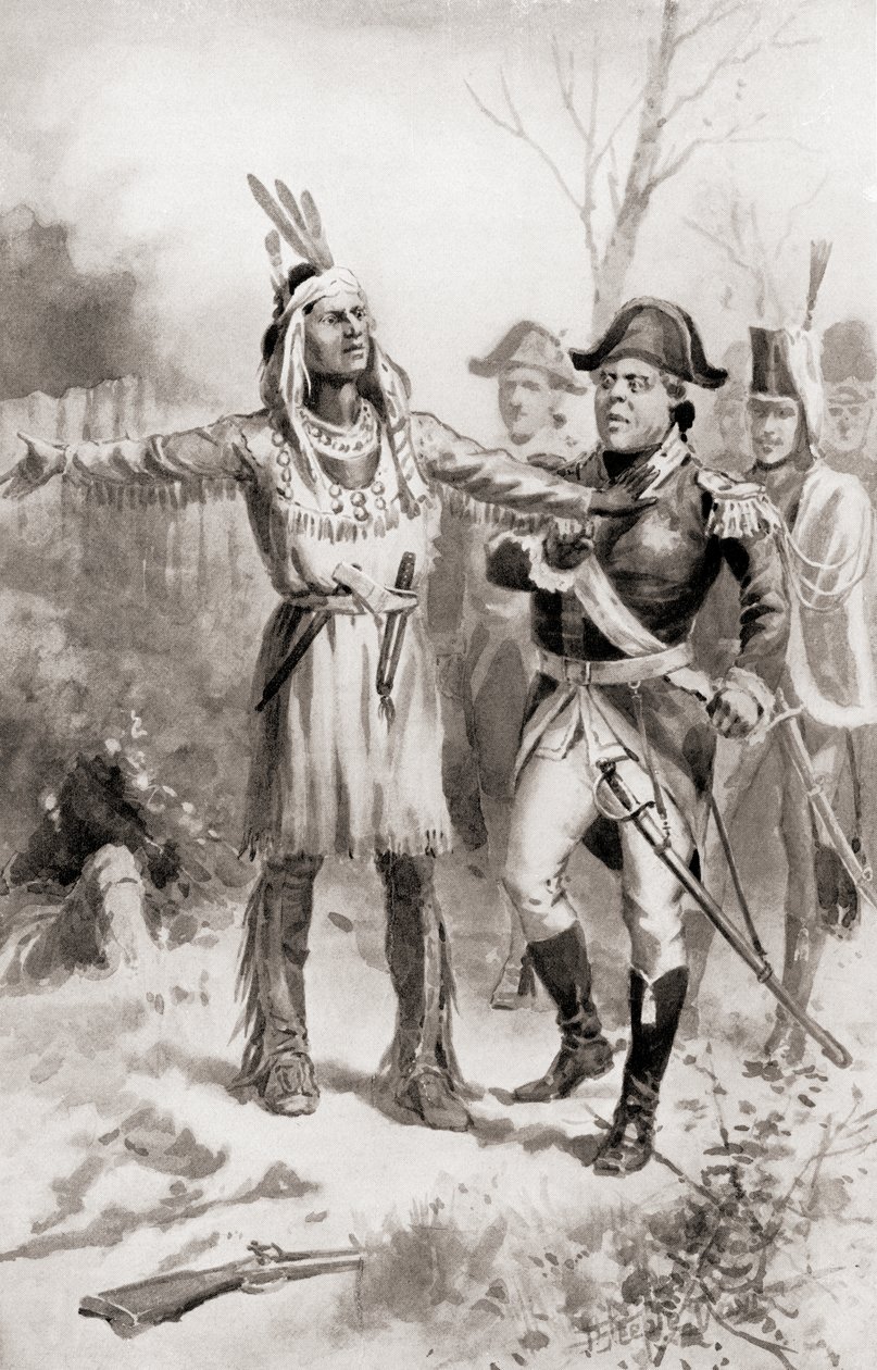 Tecumseh kárá generála Proctora za ústup během bitvy na Temži, neboli bitvy o Moraviantown, která byla součástí války z roku 1812, z Historie naší země, vydané v roce 1905 (lit od J. Steeple Davis