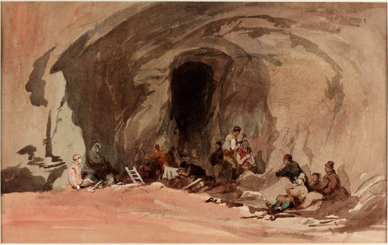 Horníci, vchod do železného dolu, 1845 (tužka a wc na papíře (na kartě)) od J.B. Brown