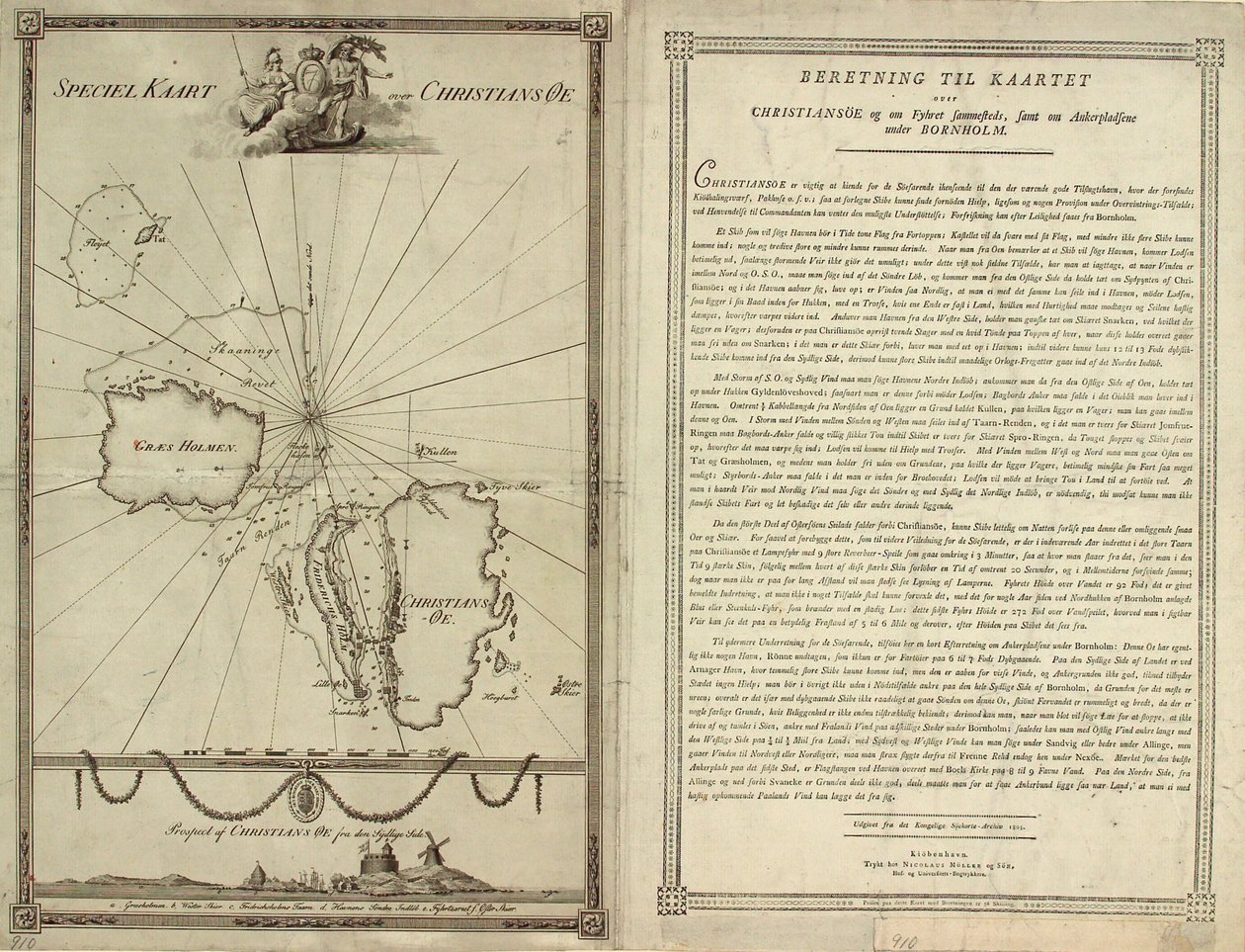 Mapa Christiansø s textovou stránkou od J.F. Clemens