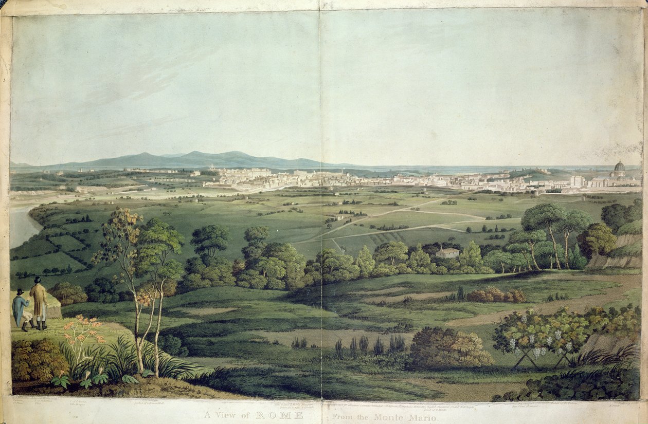 Pohled na Řím z Monte Mario, vyrytý Dubourgem, 1811 (ručně kolorovaná rytina) od J.T. Middleton