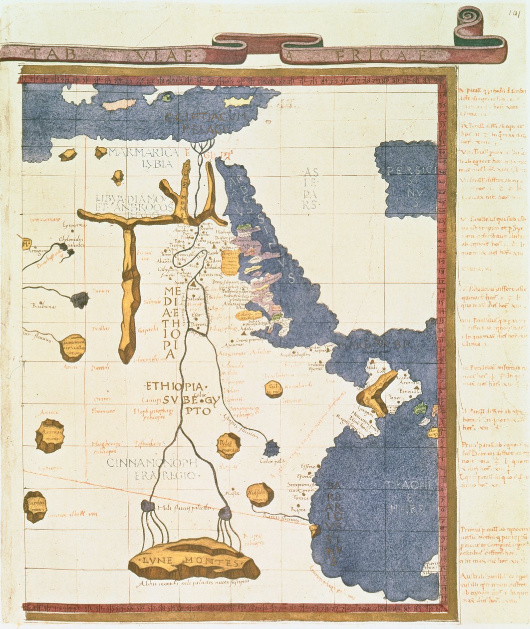 Mapa zobrazující Egypt až Etiopii, z Ptolemaiova rukopisu, kolem roku 1470, ilustrace z 