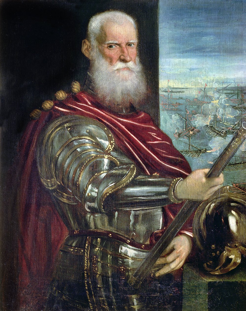 Portrét Sebastiana Verniera († 1578) vrchního velitele benátských sil ve válce proti Osmanské říši s bitvou u Lepanta v pozadí, kolem roku 1571 od Jacopo Robusti Tintoretto