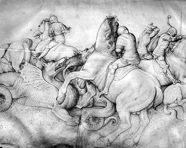Bitva proti drakům, cca 1450 (inkoust na pergamenu) od Jacopo Bellini