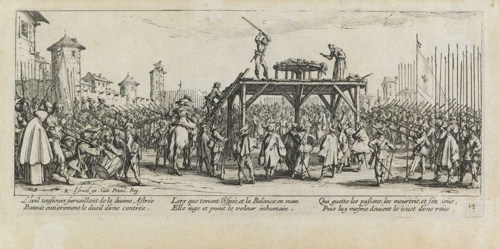 Mučení kola Les miseres et les mal-heures de la guerre, pl. 14 od Jacques Callot