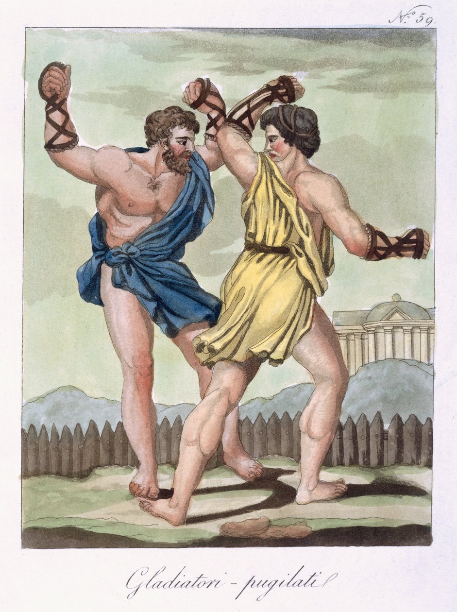 Gladiátoři, z Labrousseho rytiny "Antique Rome", vydané roku 1796 (kolorovaná akvatinta) od Jacques Grasset de Saint Sauveur