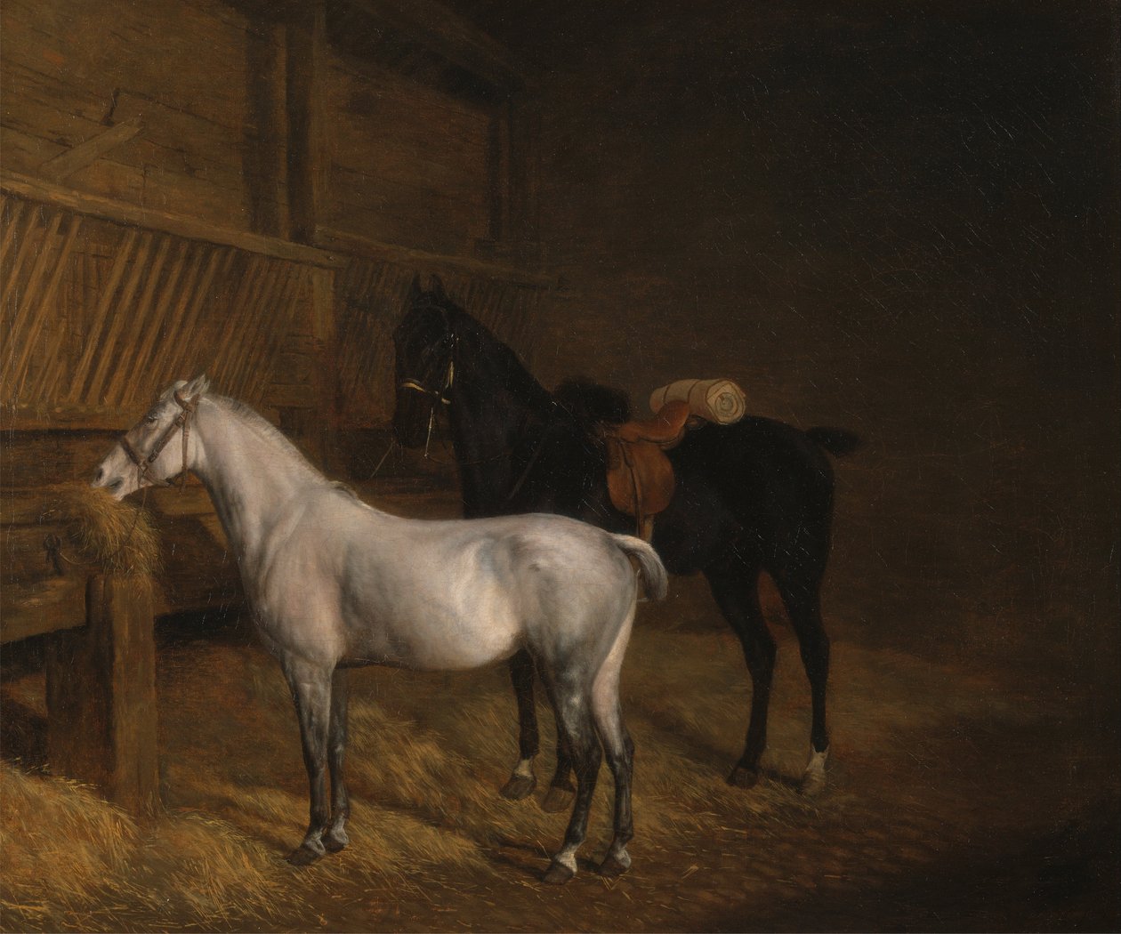 Šedý poník a černá nabíječka ve stáji od Jacques Laurent Agasse