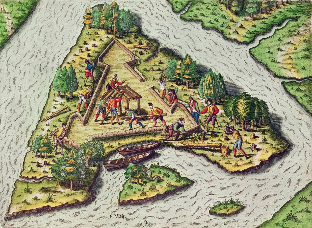 Místo pro pevnost je vybráno, z „Brevis Narratio...“, vyryté Theodorem de Bry (1528-98), publikované ve Frankfurtu, 1591 od Jacques Le Moyne