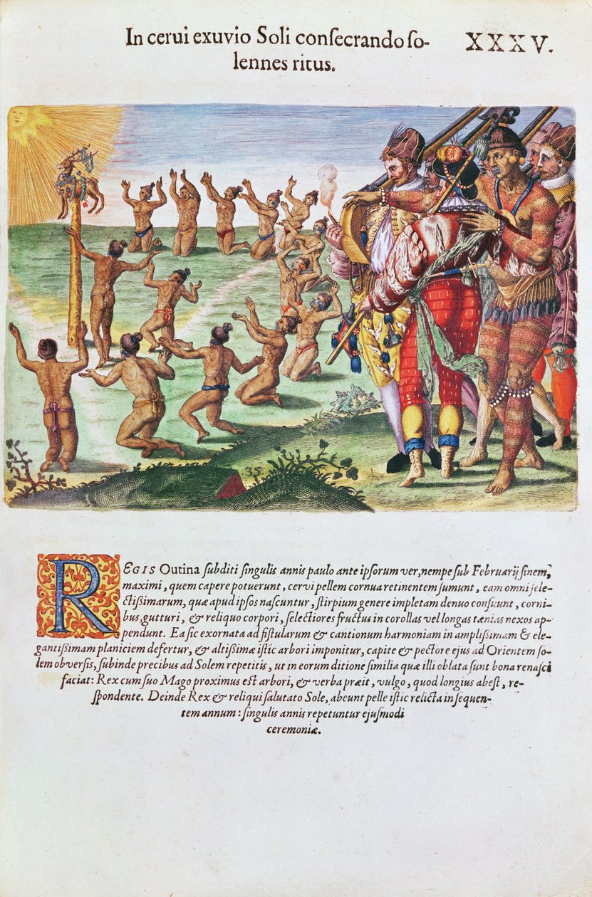 Rituál uctívání slunce s obětováním jelena, z „Brevis Narratio“, vyryl Theodore de Bry (1528-98) 1563 od Jacques Le Moyne