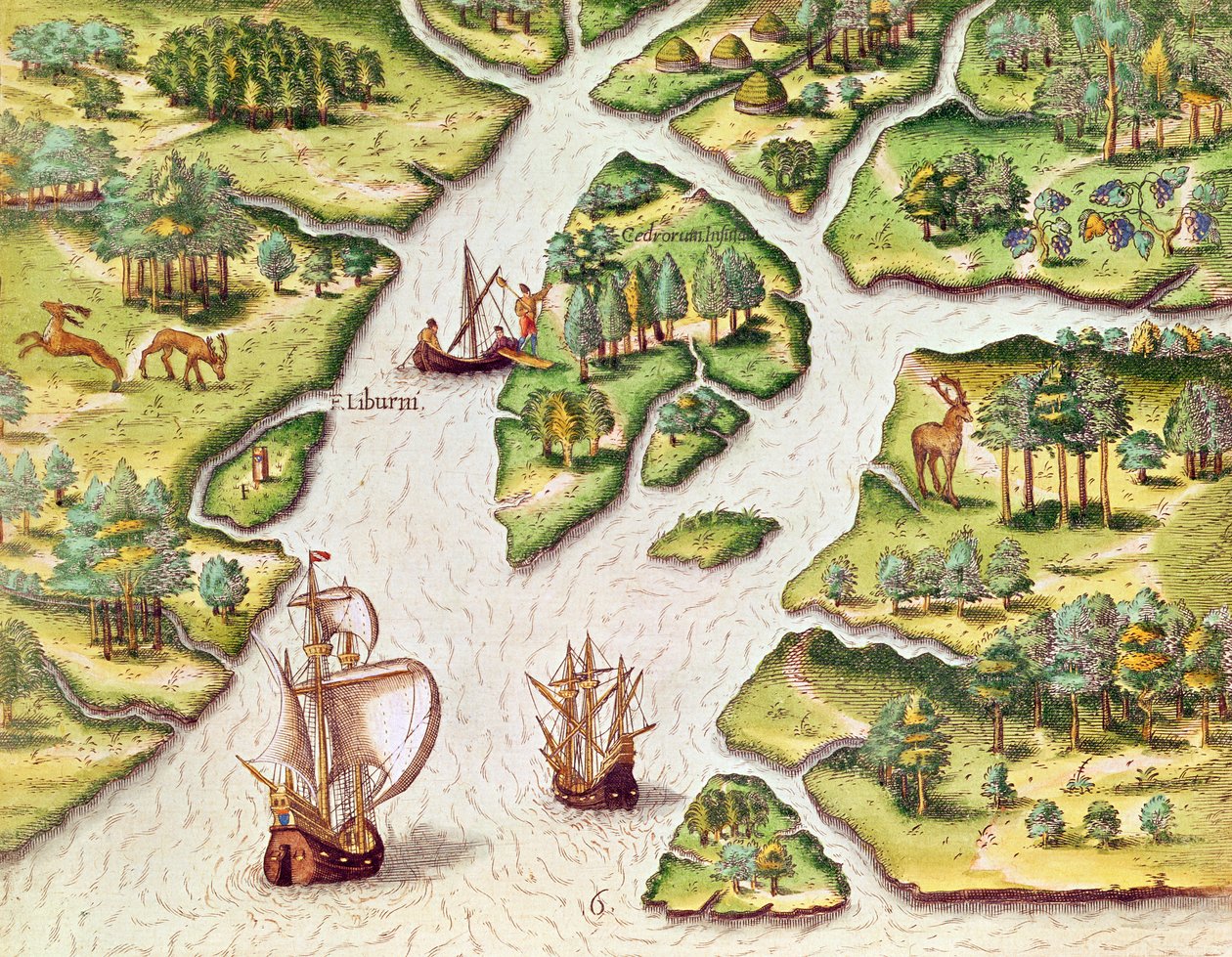 Francouzi vztyčují sloup s královským erbem, z „Brevis Narratio...“, vyryl Theodore de Bry (1528-98), publikoval ve Frankfurtu, 1591 od Jacques Le Moyne