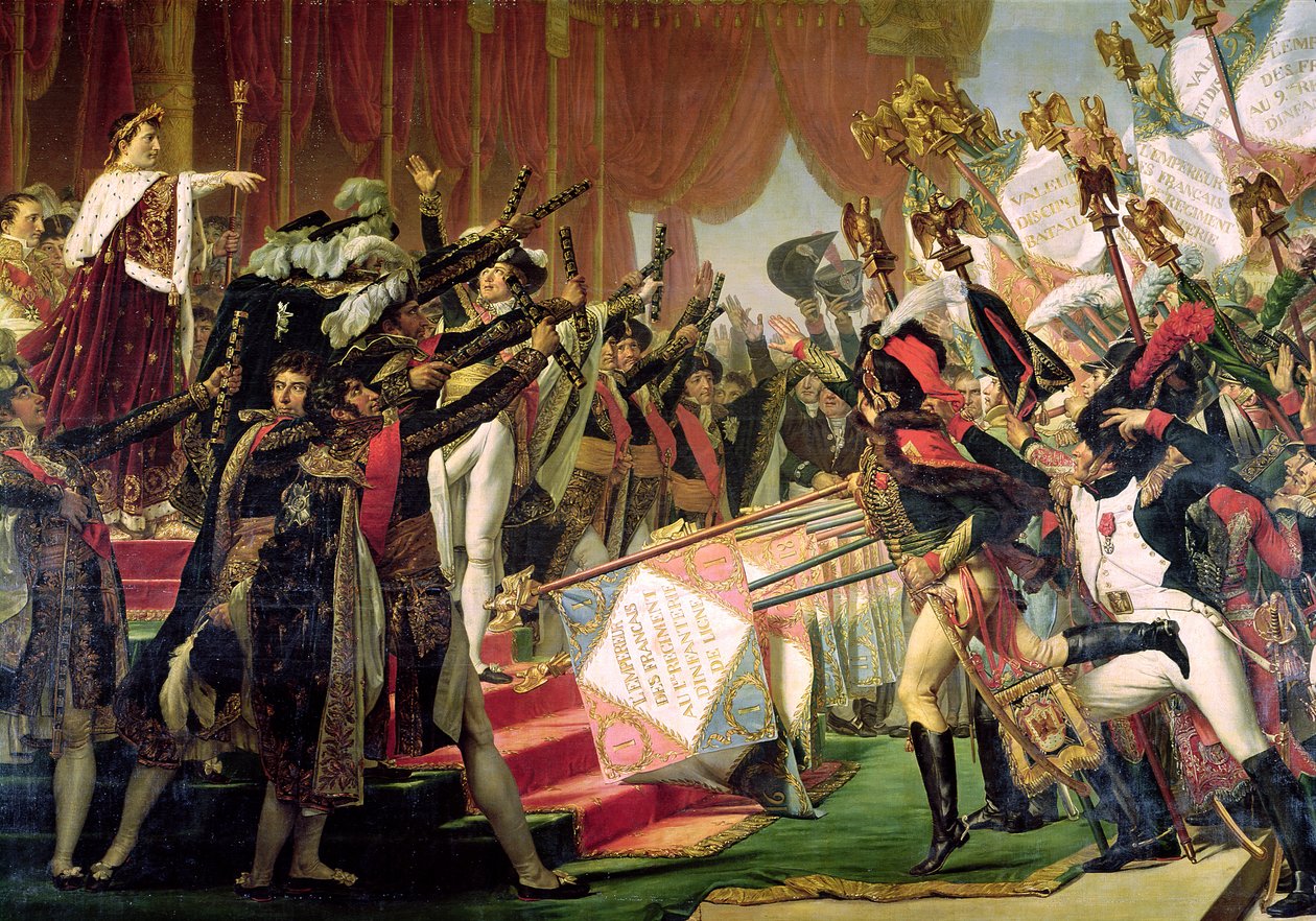 The Distribution of the Eagle Standards, 5. prosince 1804, detail standardů, 1808-10 od Jacques Louis David