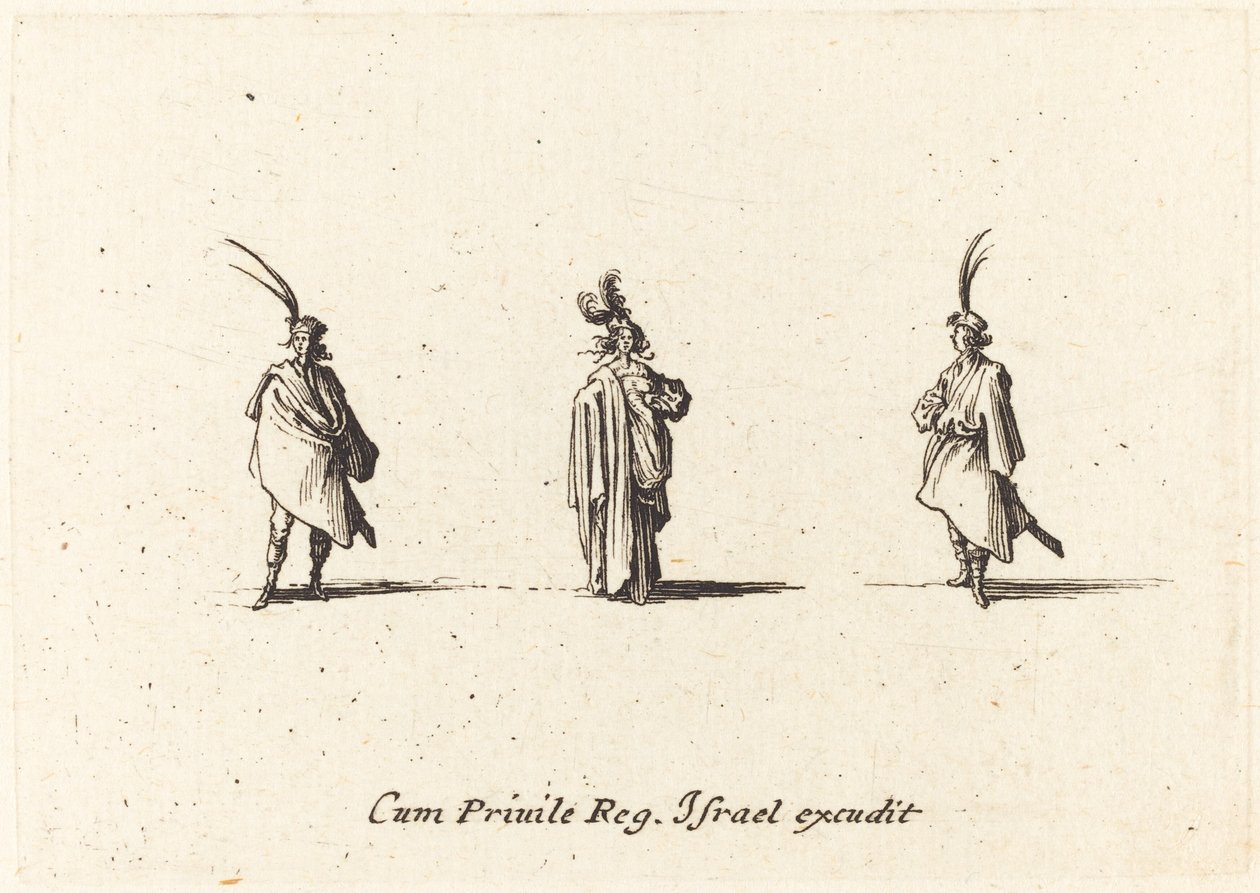 Dáma v dlouhém plášti a dva pánové od Jacques Callot