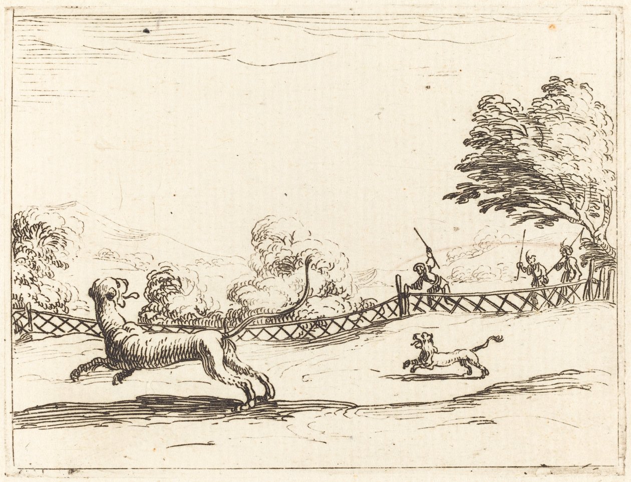 Lvice a mládě pronásledované lovci od Jacques Callot